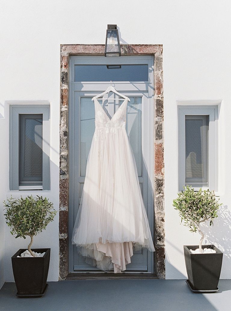 Oia Santorini Greece Destination Wedding Island Elopement, Film Photography, BHLDN lace floral wedding dress