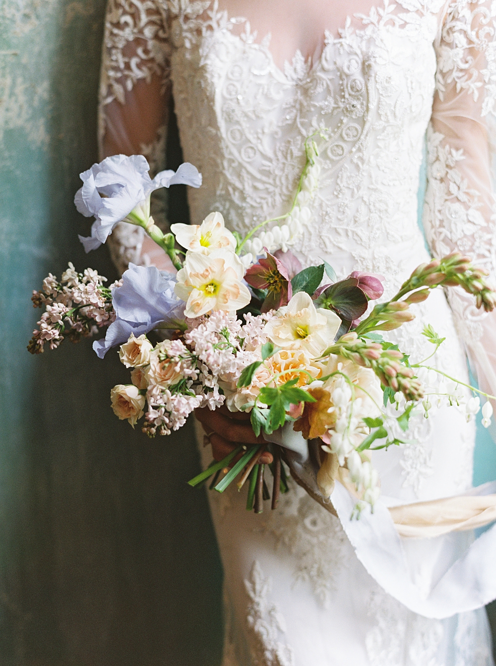 spring wedding bouquet, purple yellow pink red bouquet, wedding flowers, bride bouquet, iris hellebore daffodil wedding bouquet