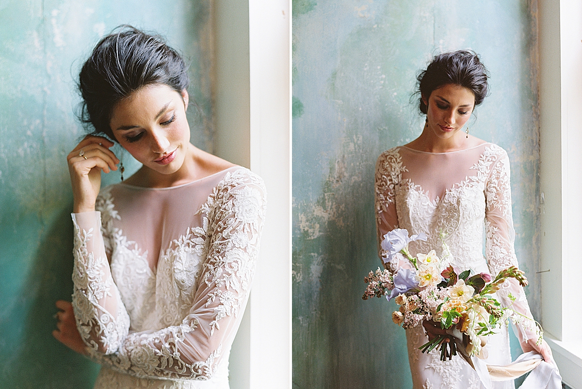 bride in lace wedding dress with updo in front of blue painted wall, Riverwood mansion wedding, southern wedding photographer, Virginia wedding photography