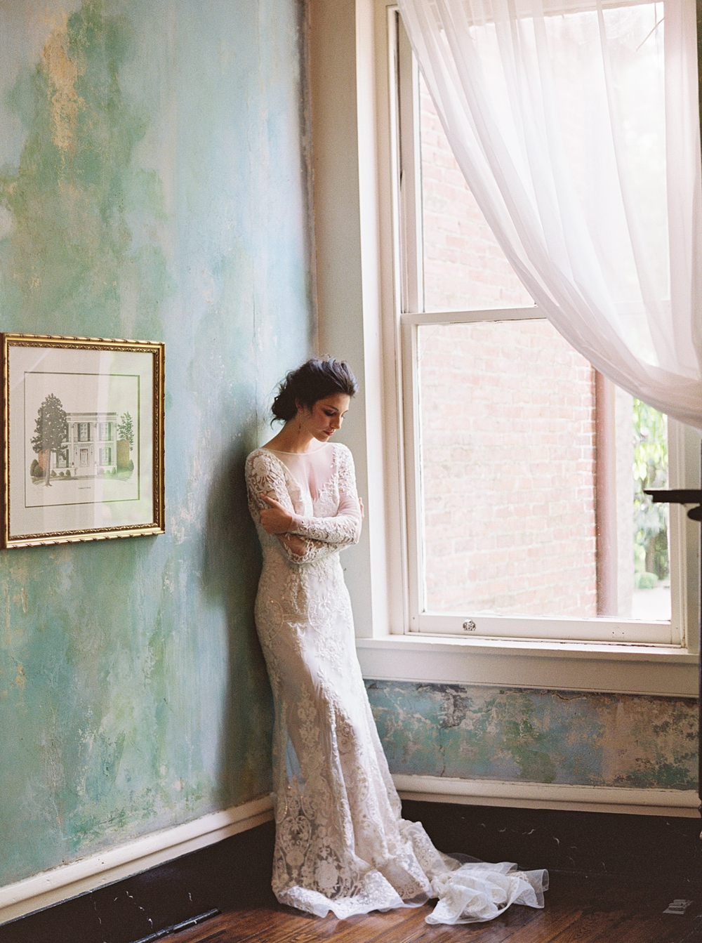bride in lace wedding dress with updo in front of blue painted wall, Riverwood mansion wedding, southern wedding photographer, Virginia wedding, Charlottesville wedding photographer
