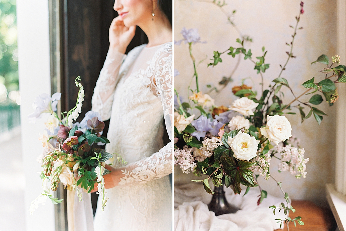 purple yellow pink pastel wedding bouquet, spring wedding bouquet, muted wedding colors, colorful wedding bouquet, spring wedding, winter wedding, Charlottesville wedding photographer, lace wedding dress long sleeves, winter wedding dress