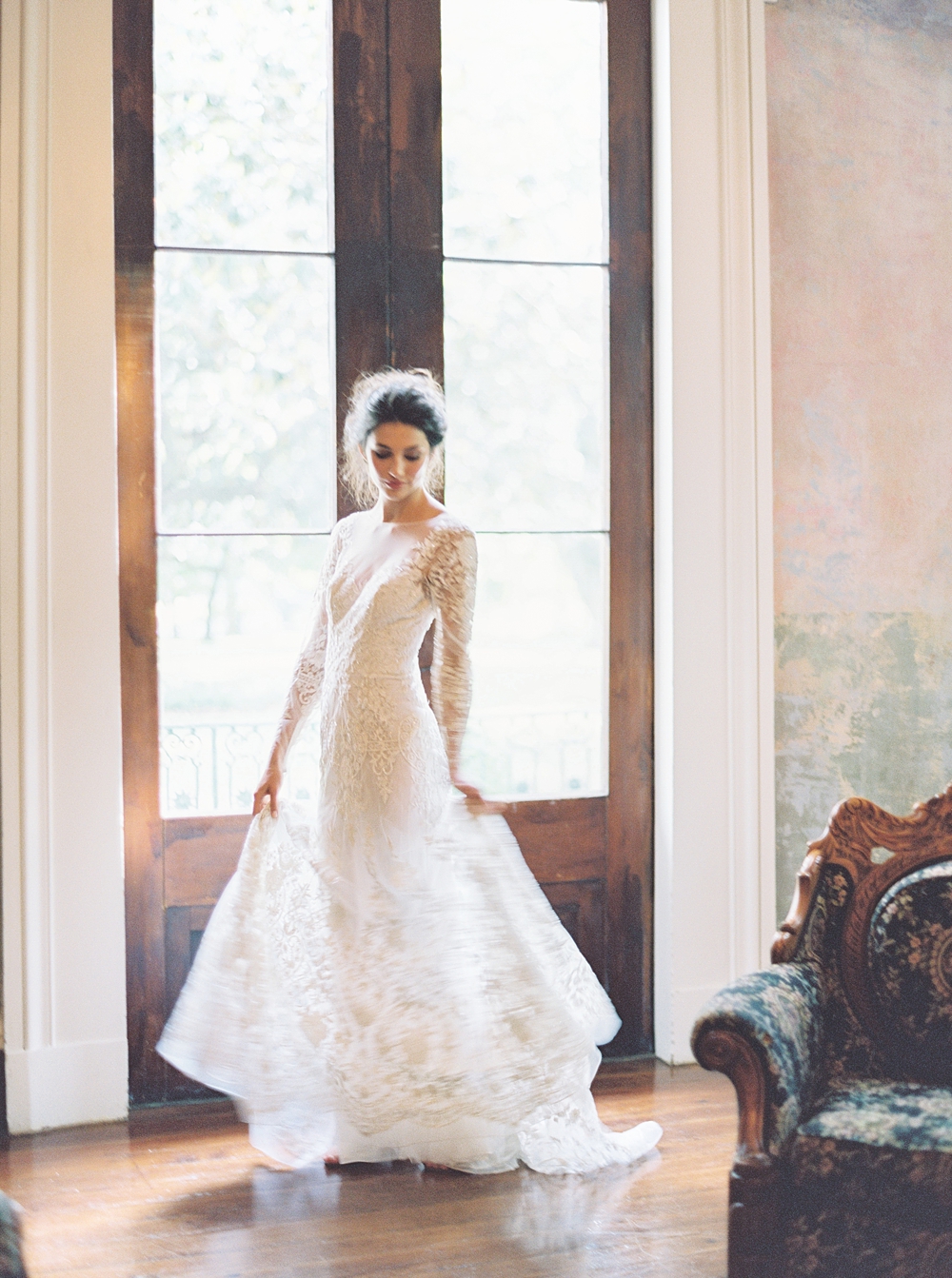 bride in front of window in mansion wedding, Nashville wedding venue, long sleeve lace wedding dress, Charlottesville wedding photographer
