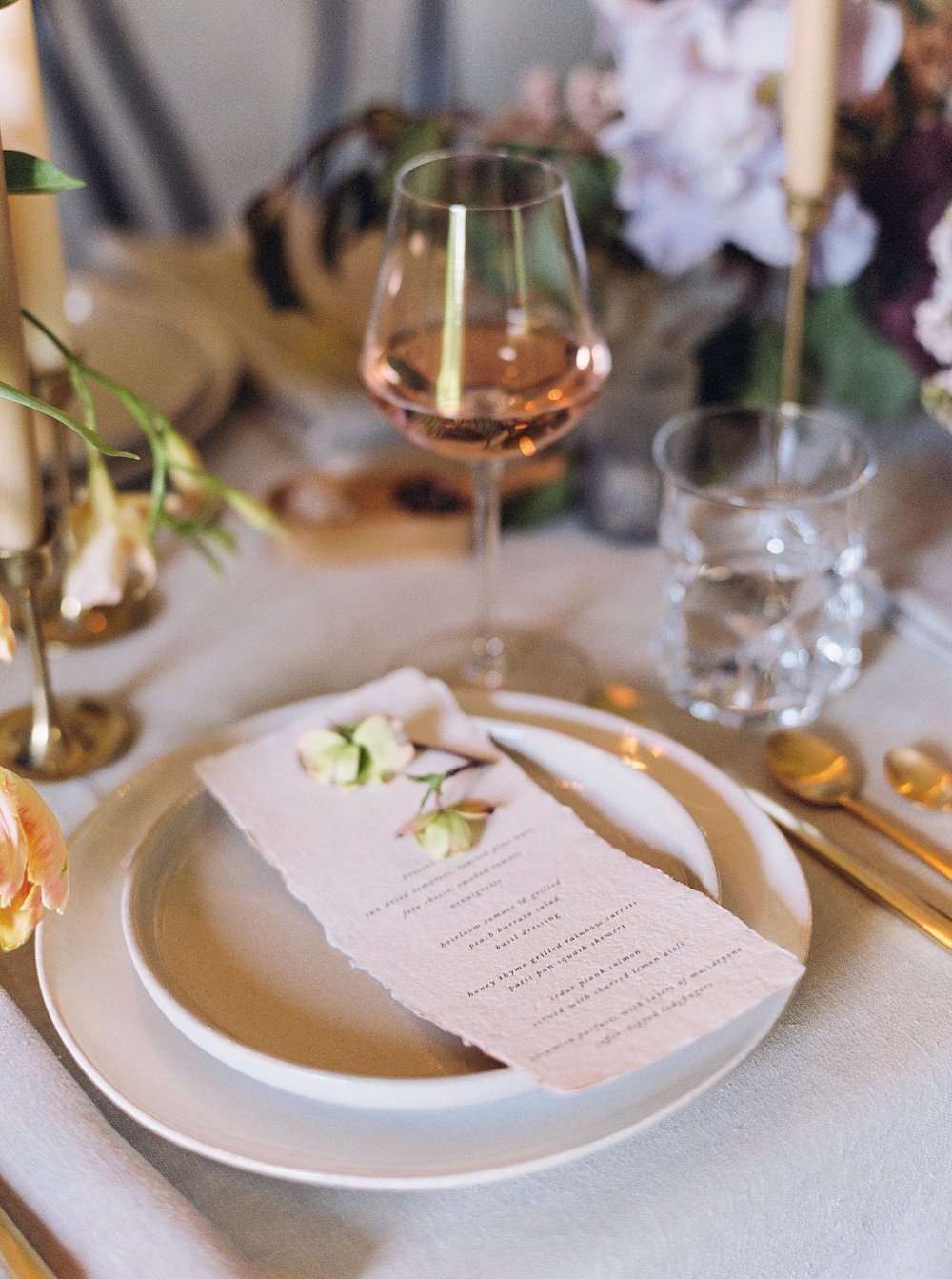 wedding reception table decor, spring flower centerpiece, fall wedding flowers, Charlottesville wedding photographer, muted wedding colors, colorful wedding flowers, handmade calligraphy wedding menus