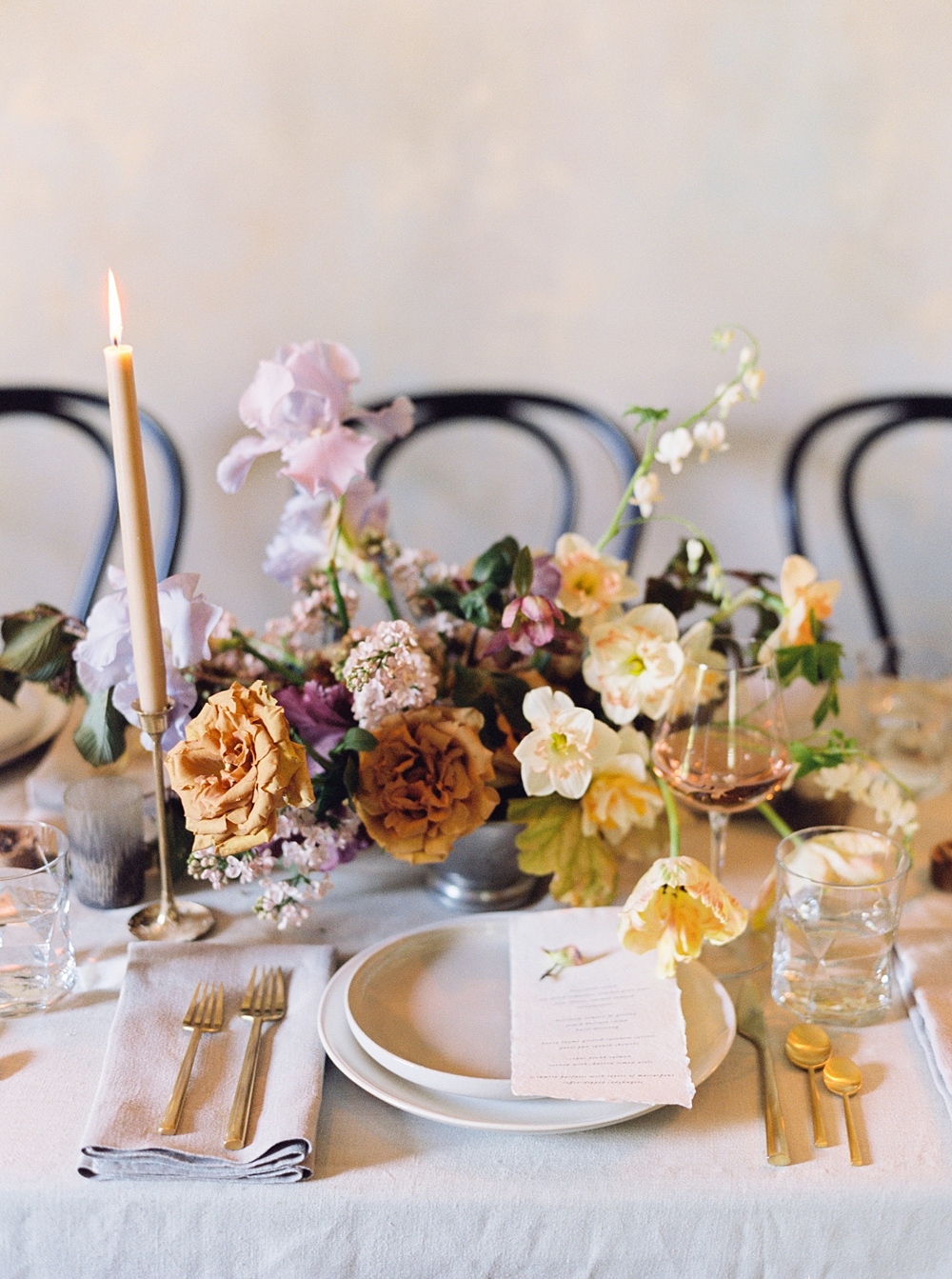 fall wedding tablescape, spring wedding, Charlottesville Virginia wedding photographer, wedding centerpiece, purple yellow pink rust tulips hellebore wedding flowers