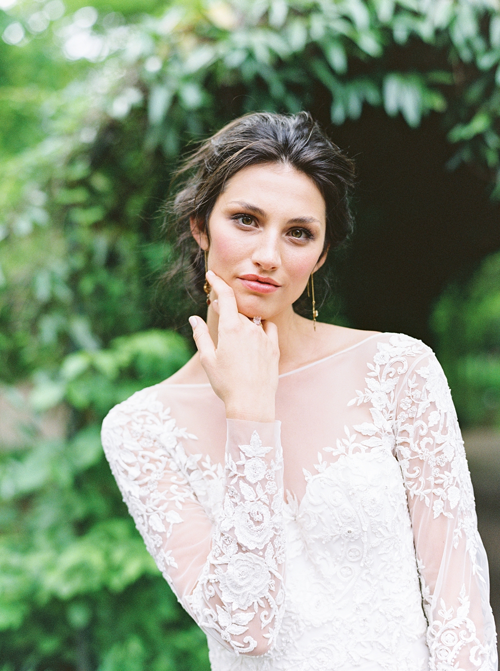 bride in long sleeve lace wedding dress with her neckline and updo, Virginia wedding photographer