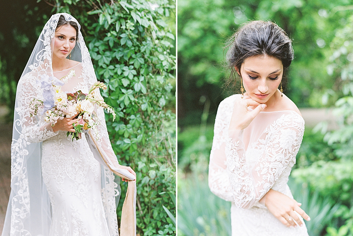 bride in long sleeve lace dress with beautiful lace veil, vintage veil, vintage wedding, spring wedding