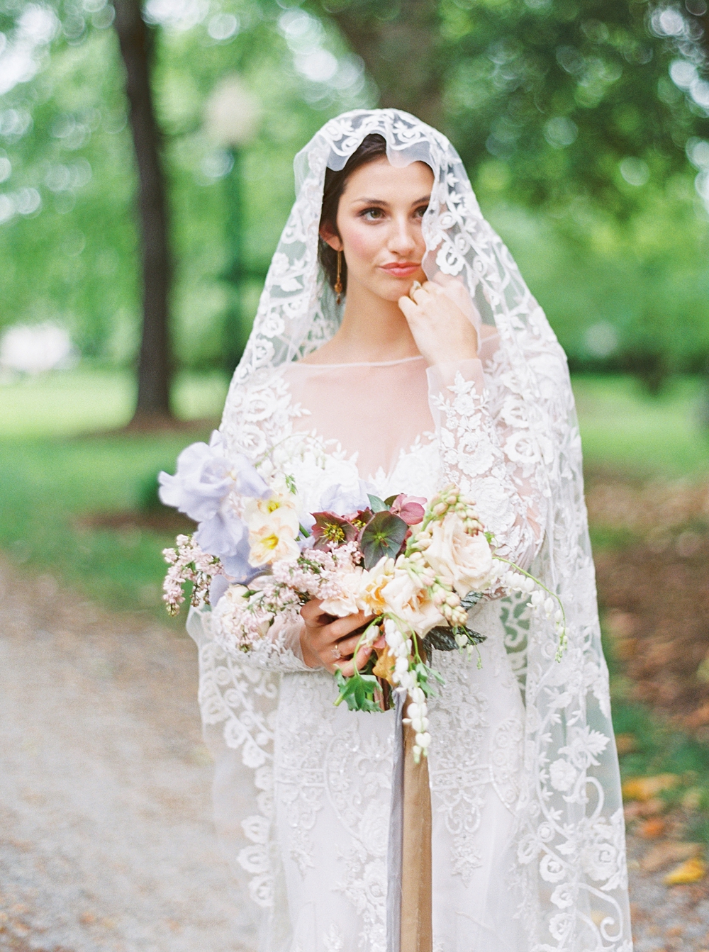 bride in long sleeve lace dress with beautiful lace veil, vintage veil, vintage wedding, spring wedding, Charlottesville wedding photographer