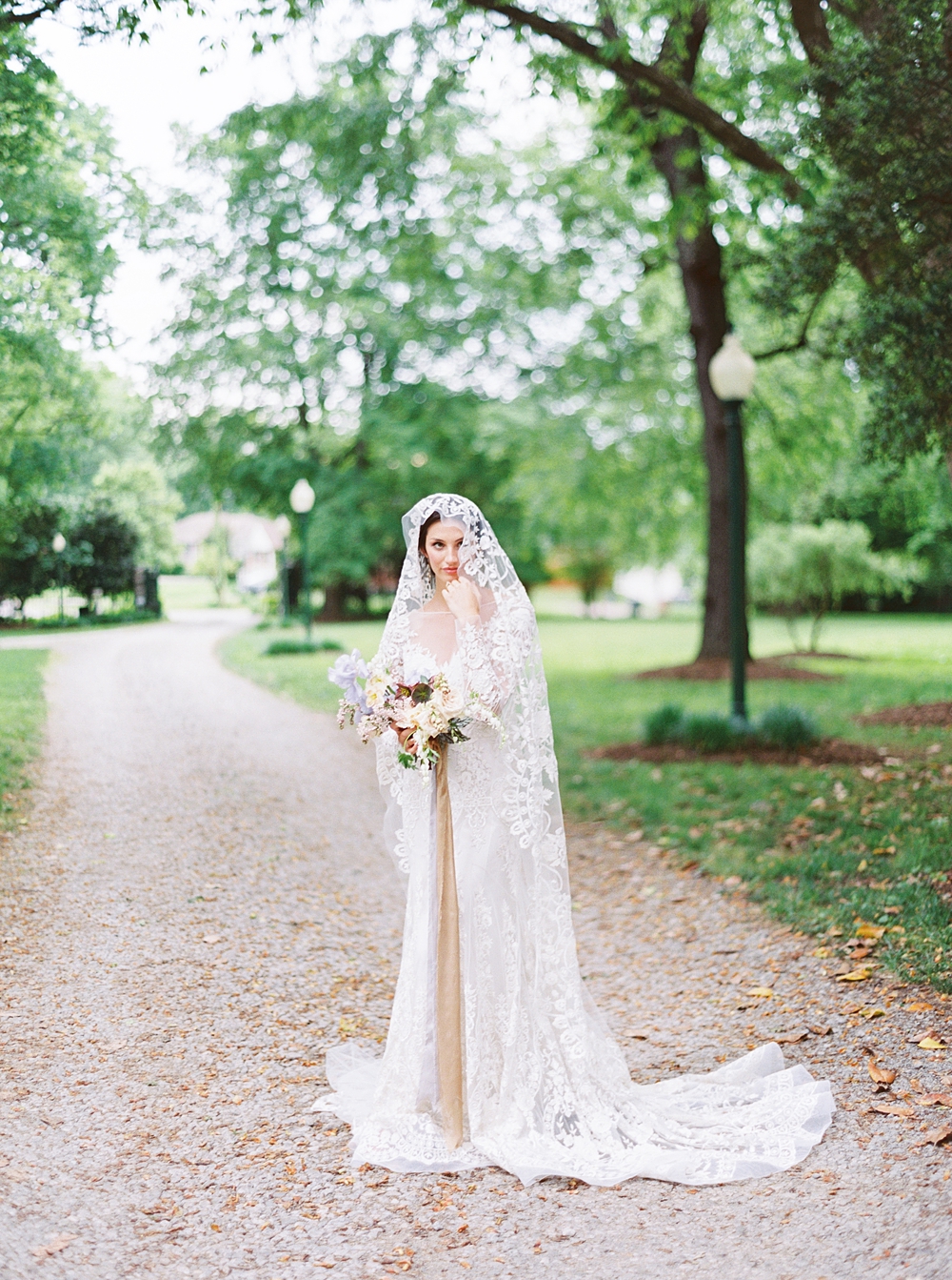 bride in long sleeve lace dress with beautiful lace veil, vintage veil, vintage wedding, spring wedding, Charlottesville wedding photographer