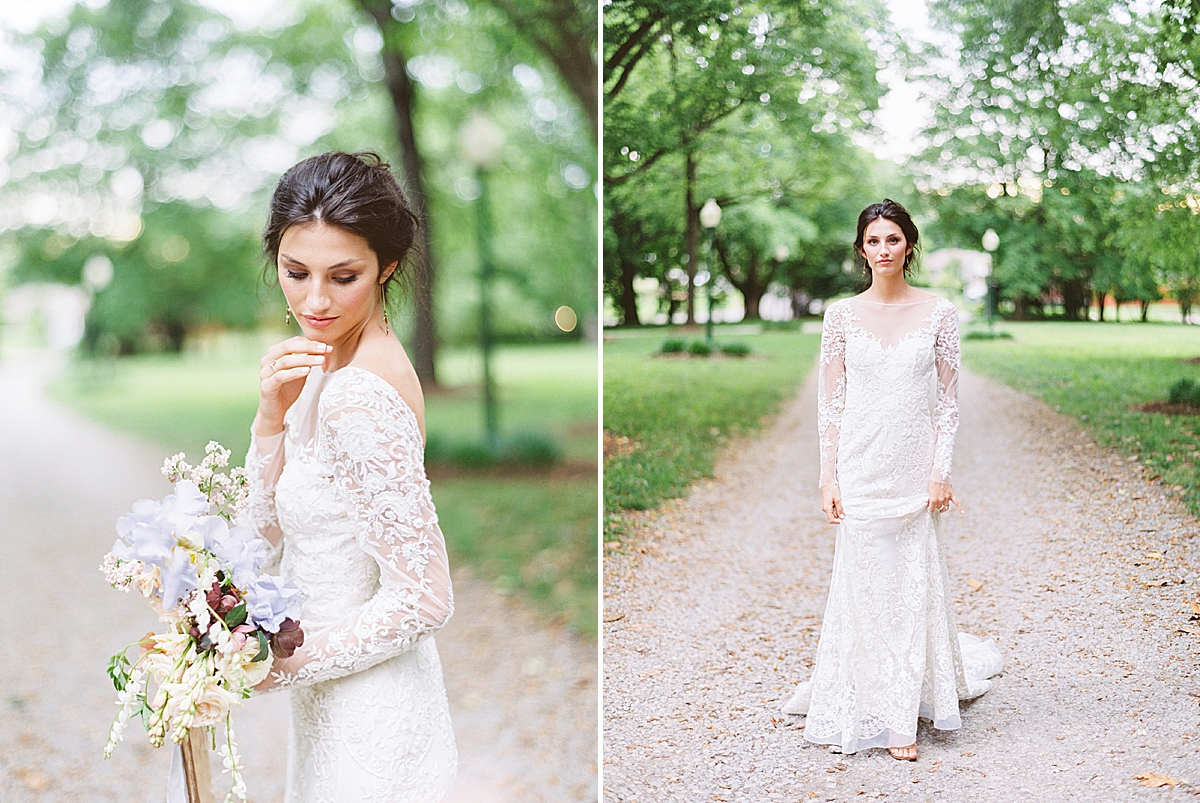 bride in long sleeve lace wedding dress with her neckline and updo, Virginia wedding photographer, historic mansion wedding