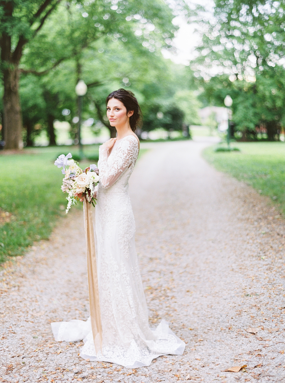 bride in long sleeve lace wedding dress with her neckline and updo, Virginia wedding photographer, historic mansion wedding