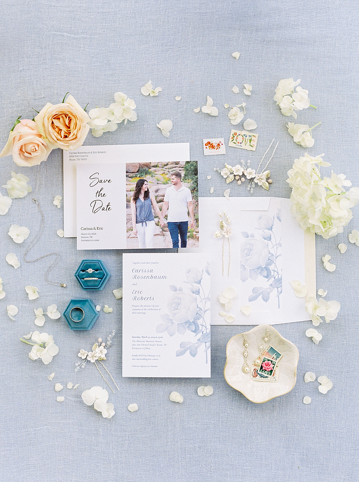 Light blue wedding invitations, floral water color invitations, wedding flatlay, luxury fine art wedding