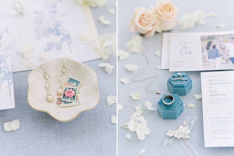 Wedding engagement ring in scalloped dish, blue velvet ring box, Light blue wedding invitations, floral water color invitations, wedding flatlay, luxury fine art wedding