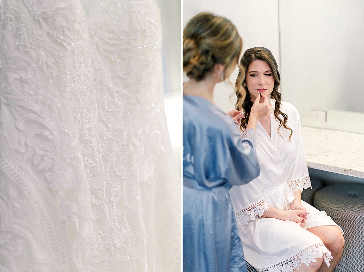 Bride getting ready, wedding hair and makeup, DFW wedding, Sparkly embellished lace wedding dress
