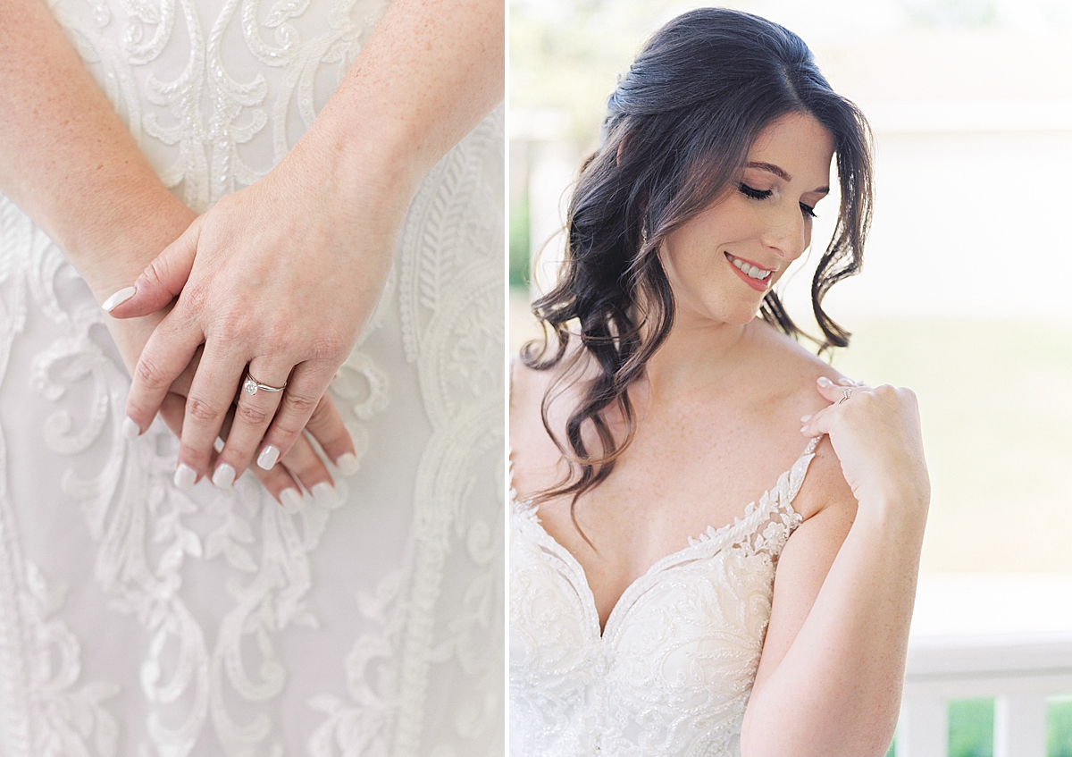 Bride in lace dress with sweetheart neckline getting ready for wedding, Southern bride