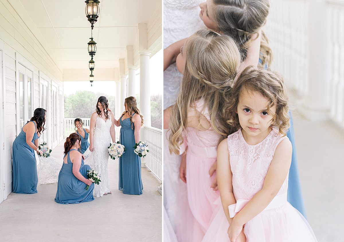 dusty blue bridesmaids dress, pink flower girl dress, southern mansion wedding