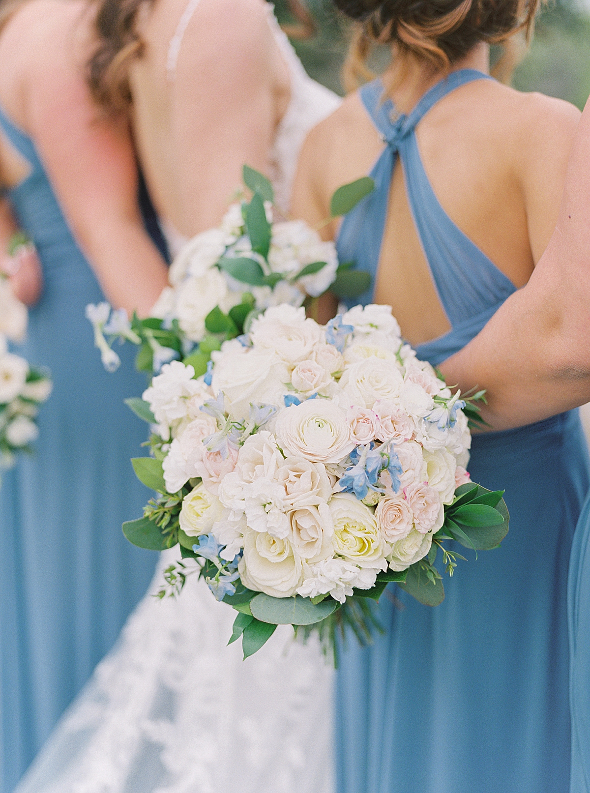 White wedding flowers, bridal bouquets, white and pink roses bouquet, blue bridesmaid dress