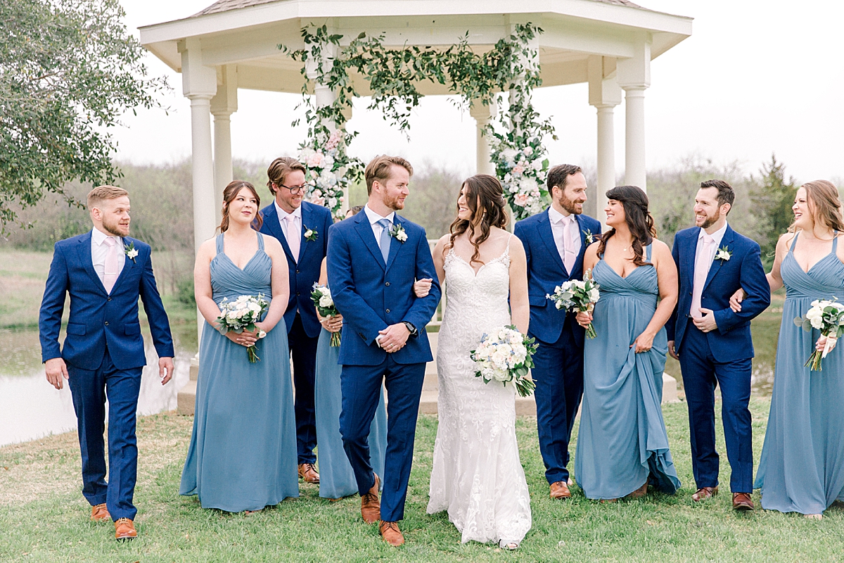 Bridal party in front of gazebo, Southern mansion wedding, blue bridesmaid dress, blue suits for groom and groomsmen
