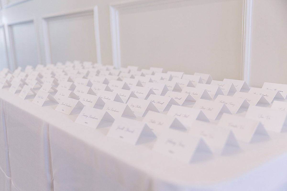 Wedding place cards, white tent cards on table