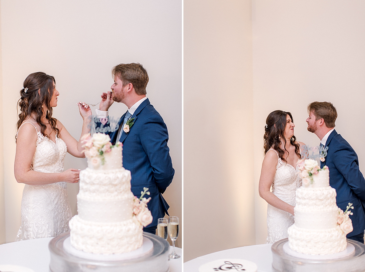 Bride and groom cutting wedding cake during wedding reception, wedding traditions, four tier white wedding cake with buttercream